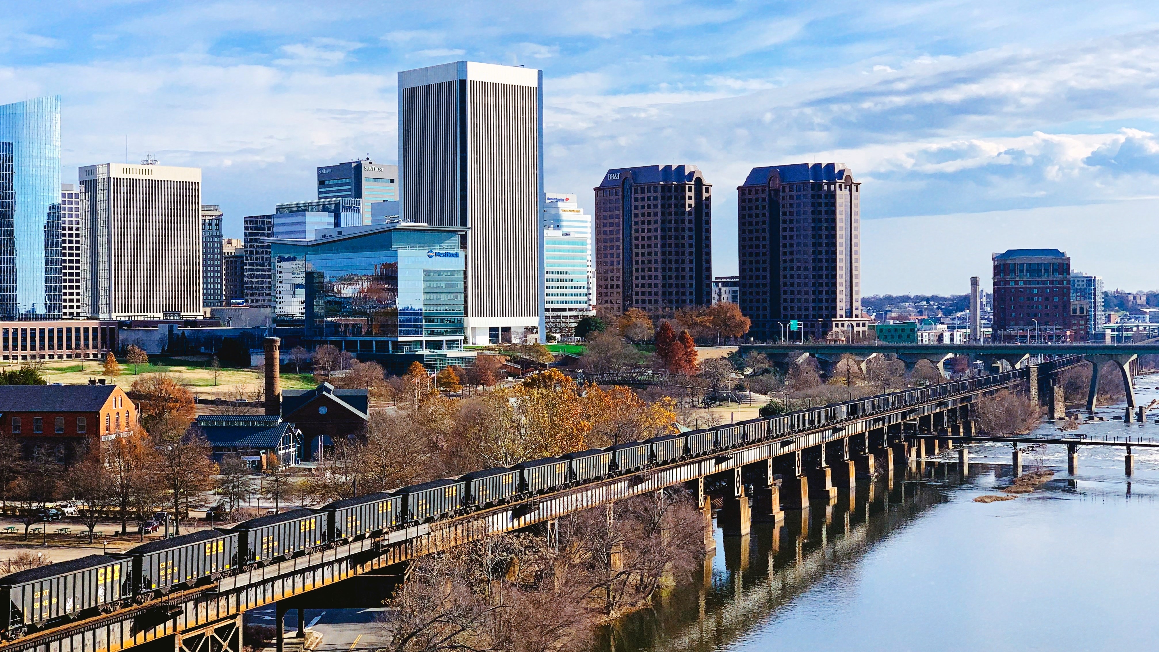 Richmond, VA, skyline along the river.